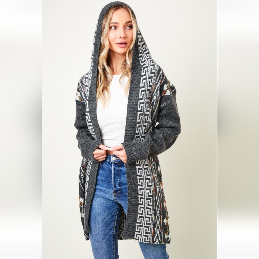 New! Cozy Charcoal Gray Aztec Boho Knit Cardigan Sweater - Picture 5 of 10